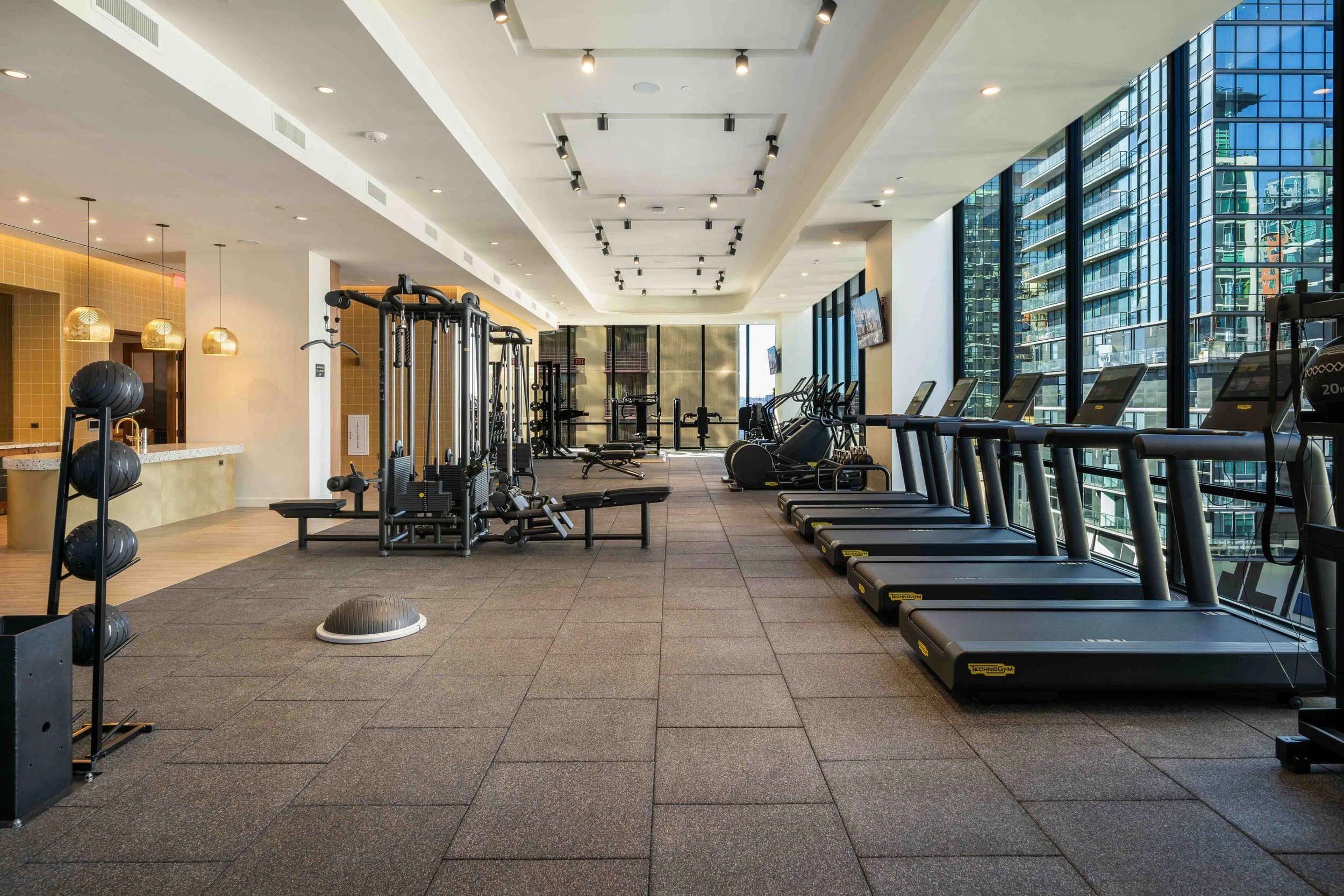 The Lindley fitness center with treadmills, strength equipment, and tall windows.